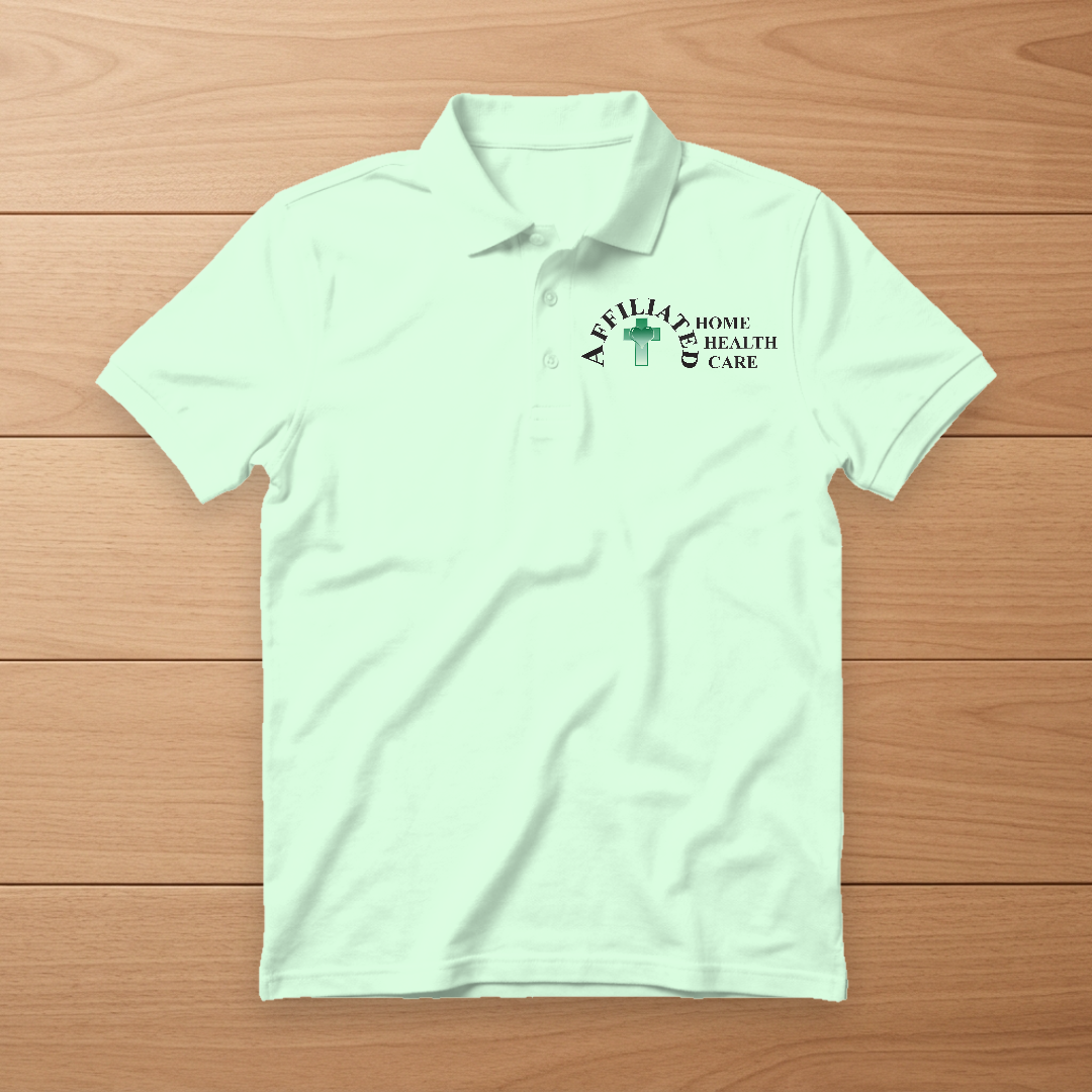 Mint green polo shirt with the Affiliated Home Health Care logo