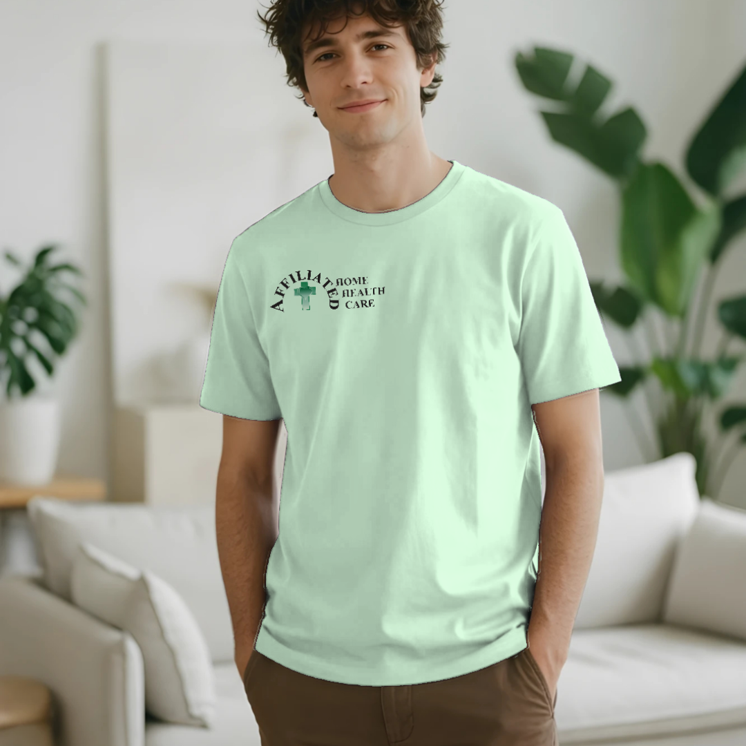 Man wearing the mint green Affiliated Home Health Care shirt