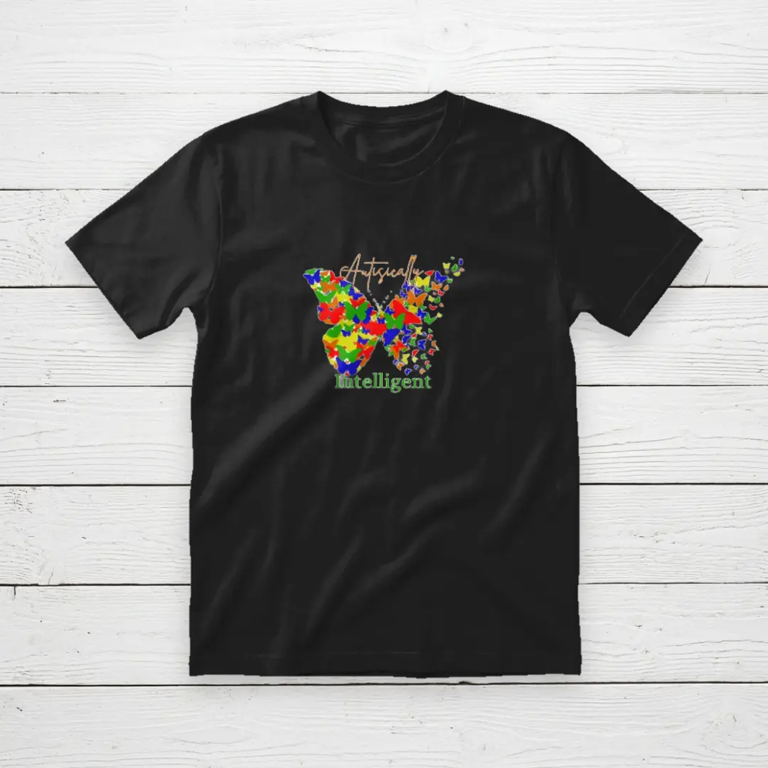 Black t-shirt with a colorful butterfly graphic and the words Autistically Intelligent
