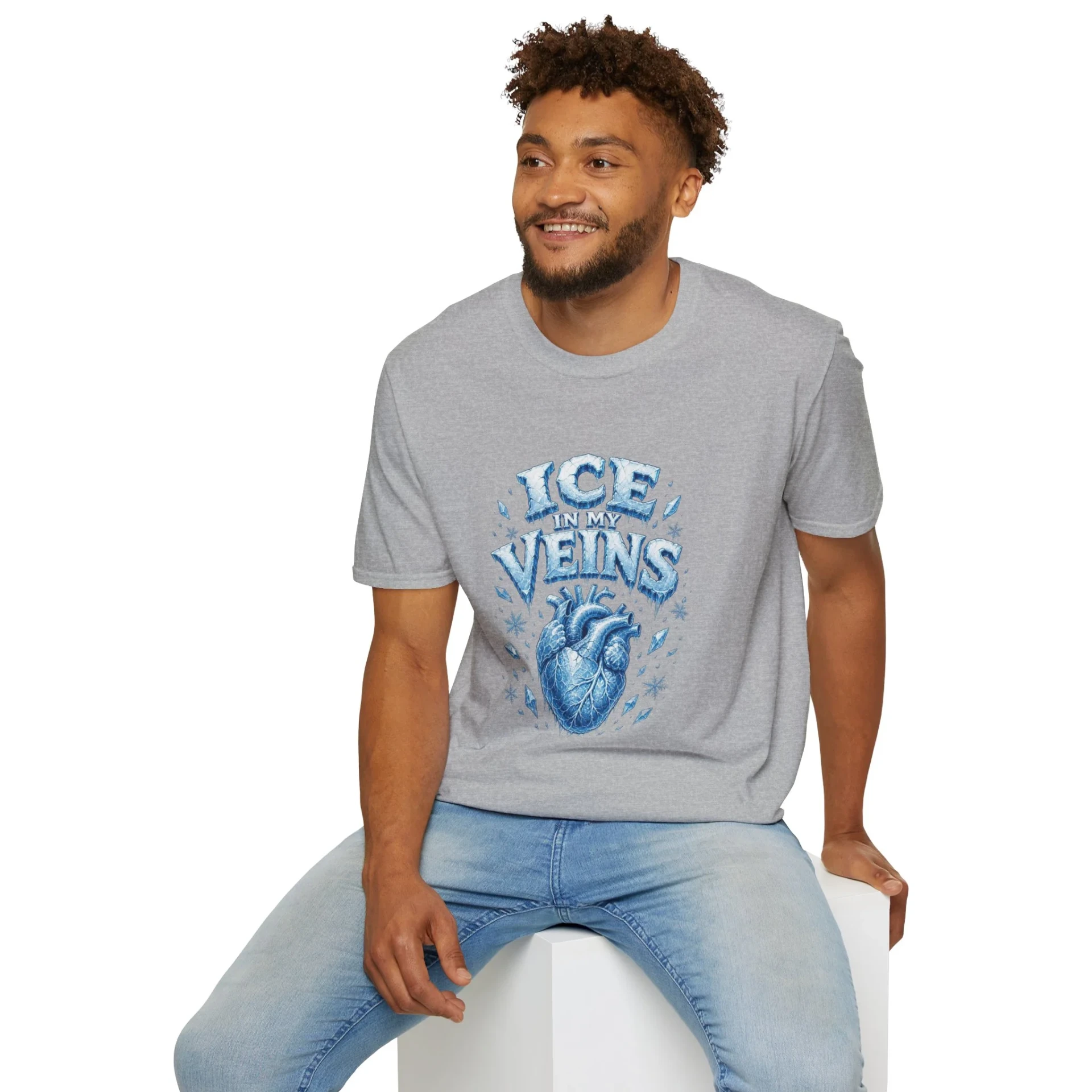 Grey t-shirt with a blue anatomical heart and the words Ice in my Veins