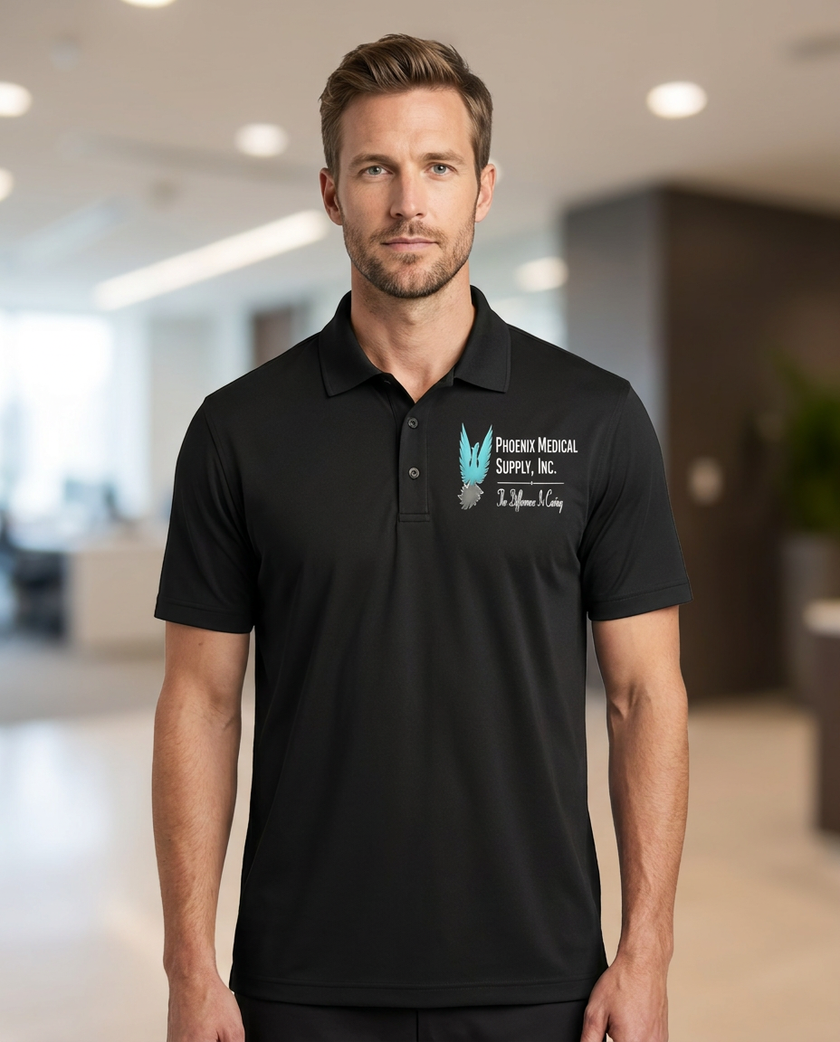 Man wearing a black polo with the Phoenix Medical Supply logo