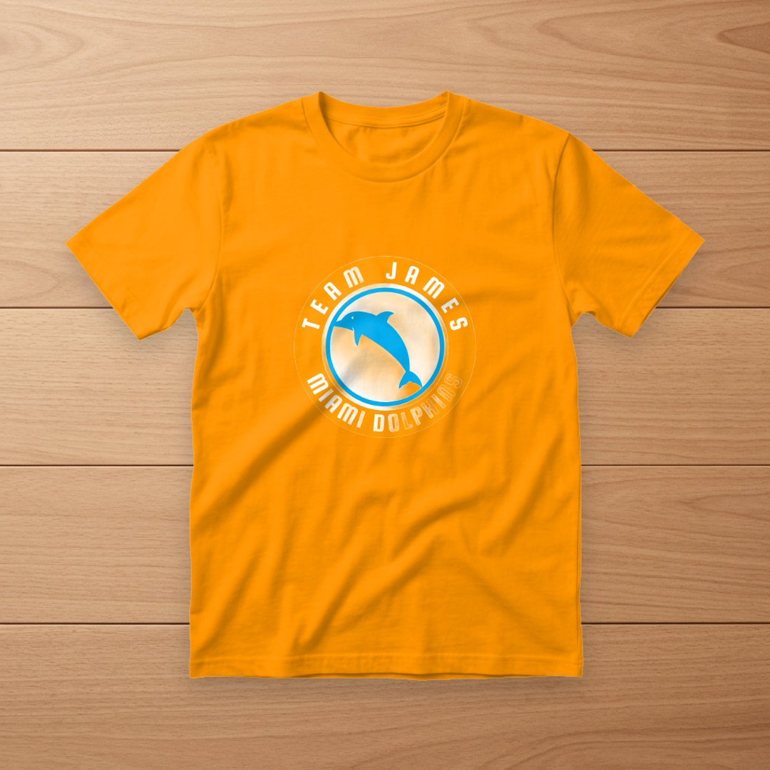 Orange t-shirt with a circular Team James crest logo