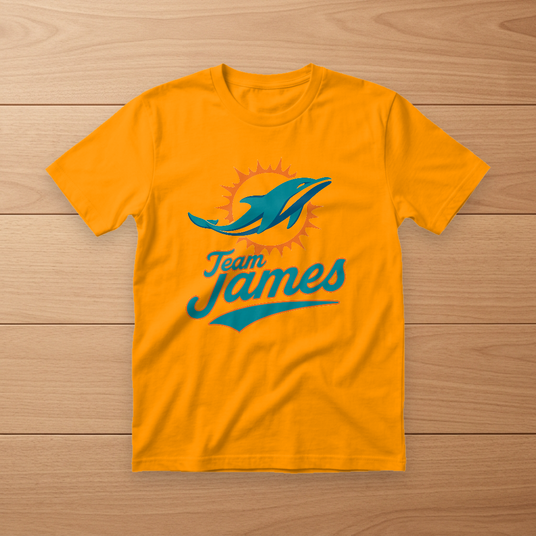 Orange t-shirt with a Team James team-style logo