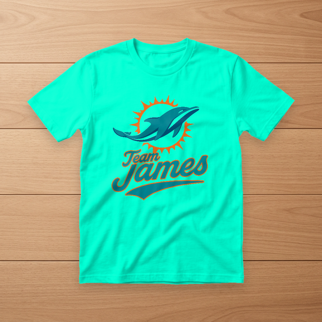 Teal t-shirt with a Team James team-style logo