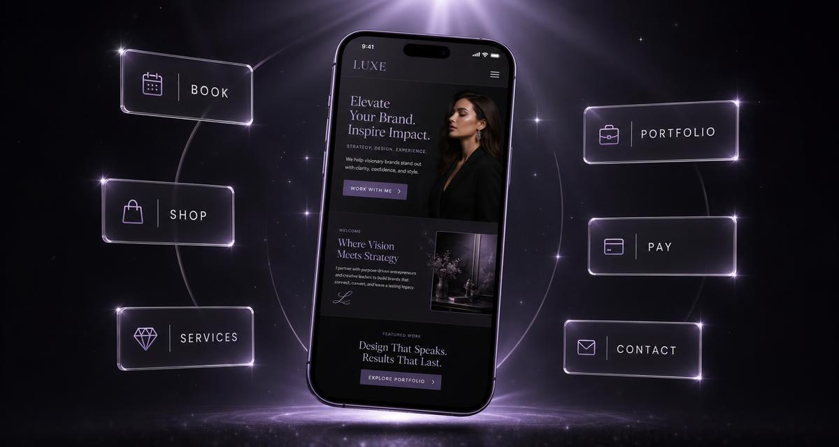 A phone showing an example Business Hub website surrounded by booking, shop, services, portfolio, pay and contact features